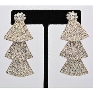 TARA Vintage Crystal Clip On Earrings Dangle Rhinestone Prong Chunky Signed Bin8